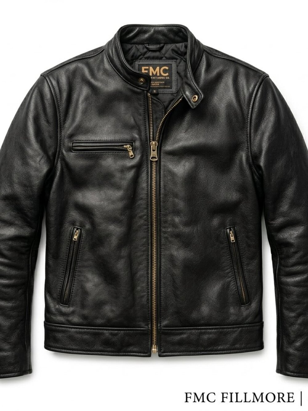 FMC First Manufacturing Co Black Leather Cafe Racer Moto Jacket Men’s S Slim